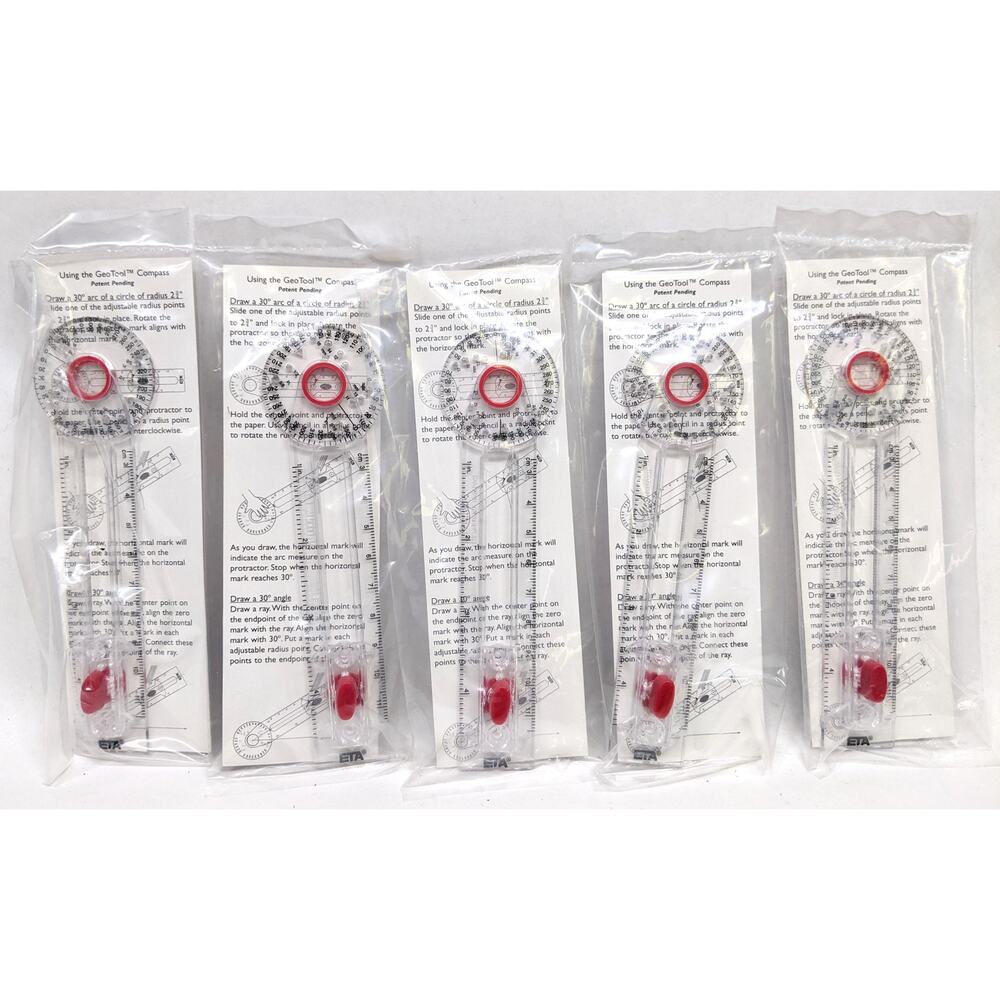 Lot of 5 - New Geotool Classroom Safety Compass / Protractors for Math Geometry